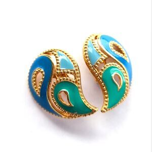 Vintage 80s Avon Gold Tone Enamel Swirl Paisley Tear Drop Clip On Earrings